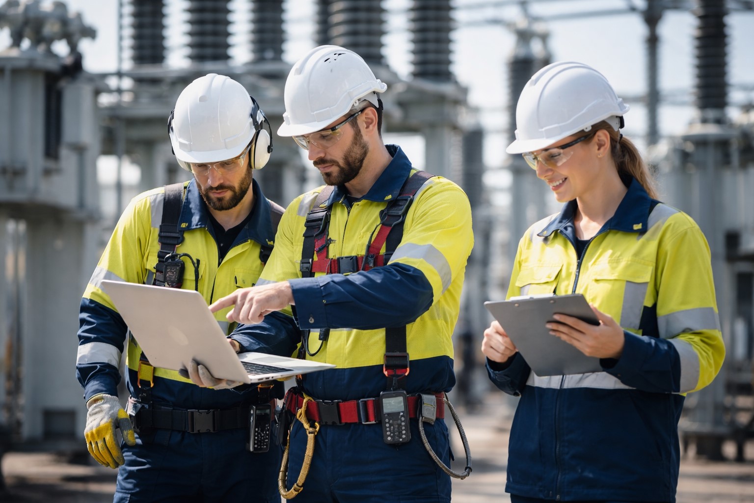 Equipe técnica trabalhando em subestação