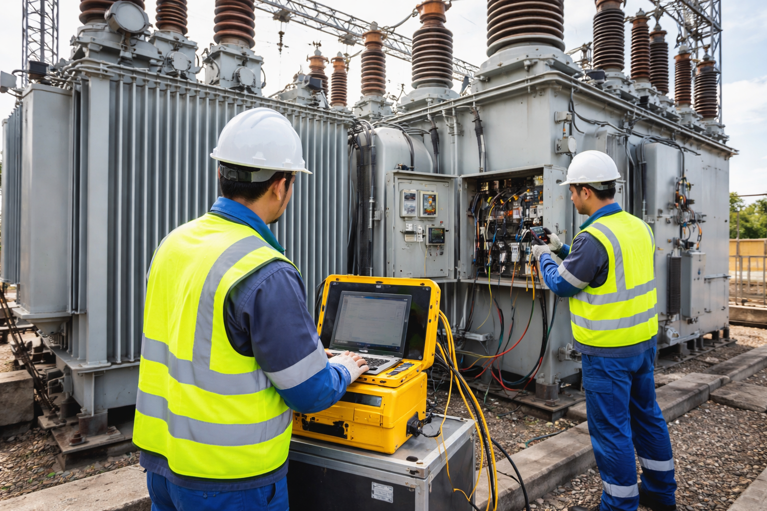Equipe técnica realizando manutenção em subestação